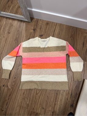 LOFT Women's V-Neck Striped Sweater in Cream, Pink & Orange